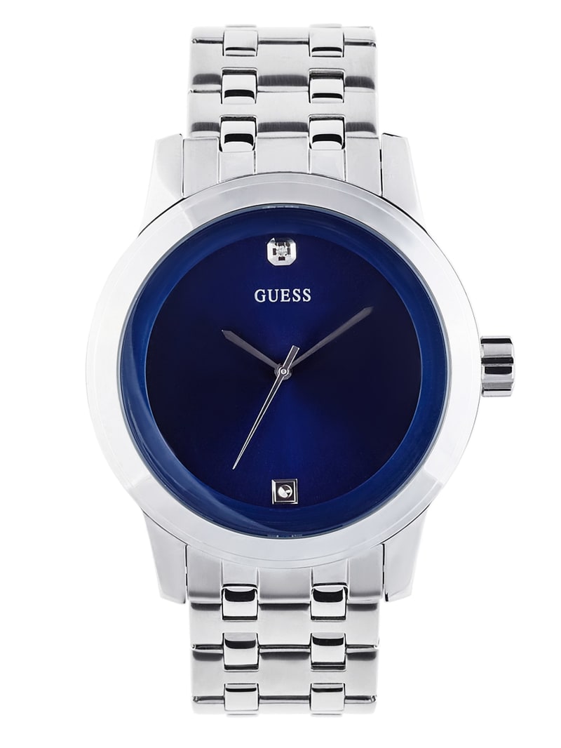 Mens' Guess Blue and Silver-Tone Diamond Dress Watch