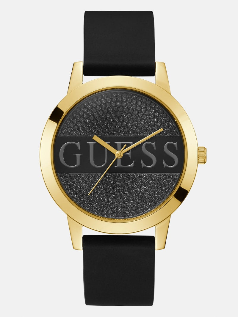 Mens' Guess Gold-Tone and Black Logo Analog Watch