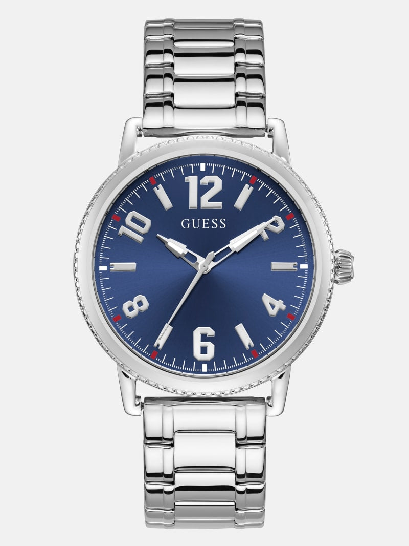 Mens' Guess Silver-Tone and Blue Analog Watch