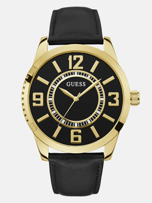 Mens' Guess Gold-Tone Leather Analog Watch