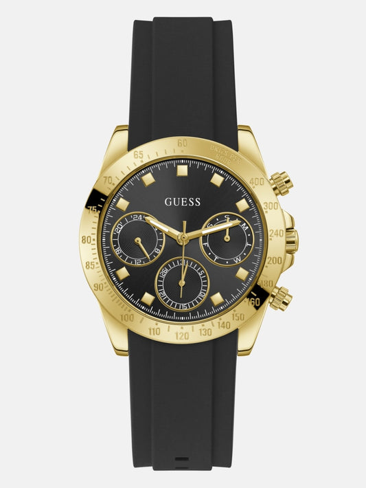 Mens' Guess Gold-Tone and Black Silicone Chronograph Watch