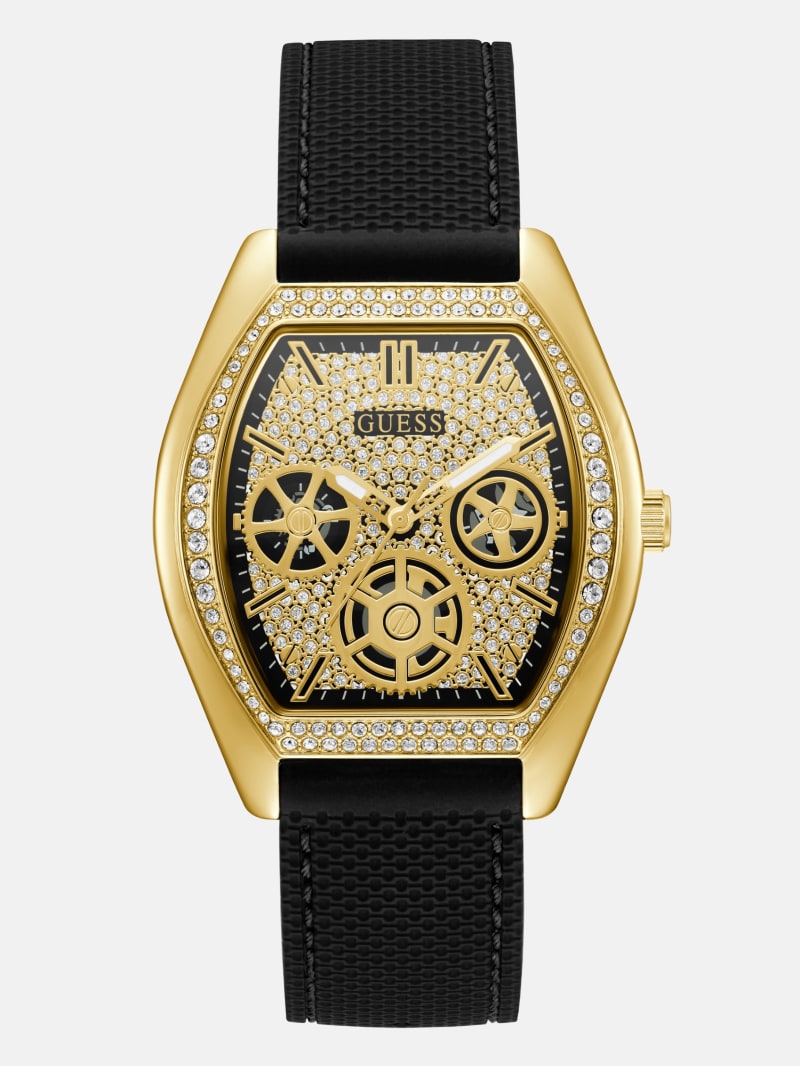 Mens' Guess Gold-Tone Crystal and Black Silicone Analog Watch