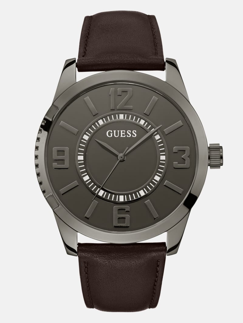 Mens' Guess Gunmetal Leather Analog Watch