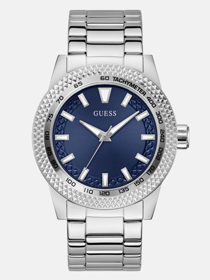 Mens' Guess Silver-Tone and Blue Analog Watch