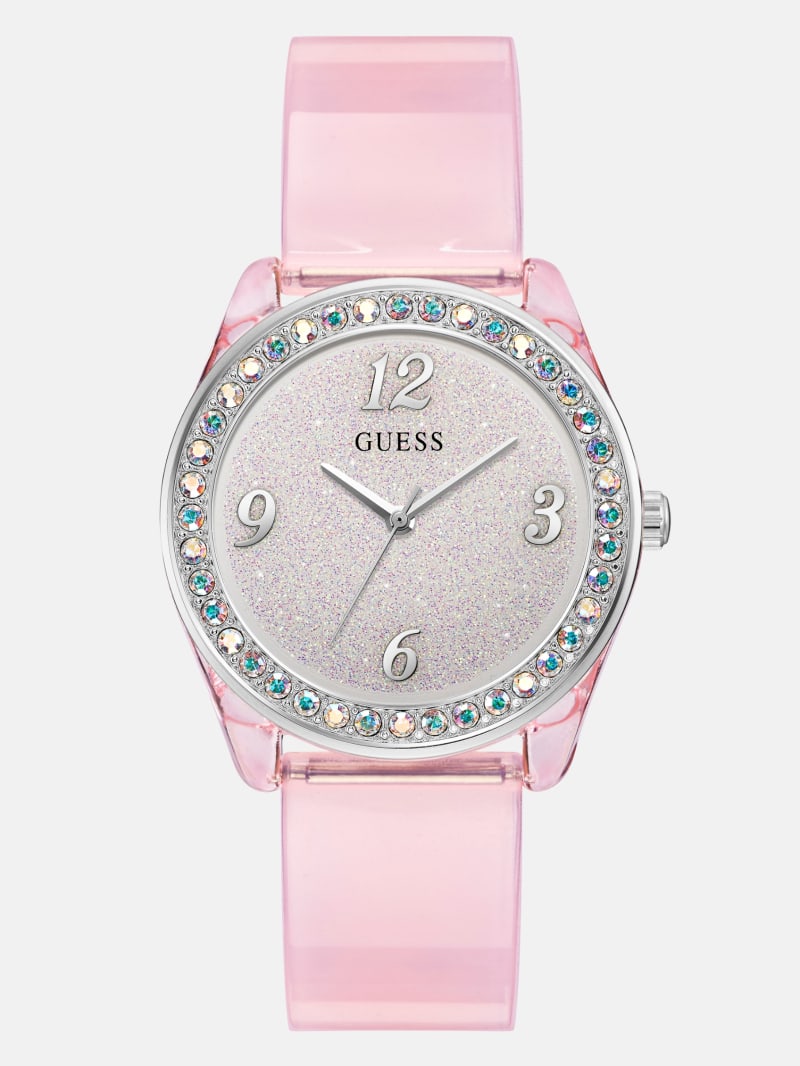 Women's Guess Silver-Tone Crystal and Pink Silicone Analog Watch