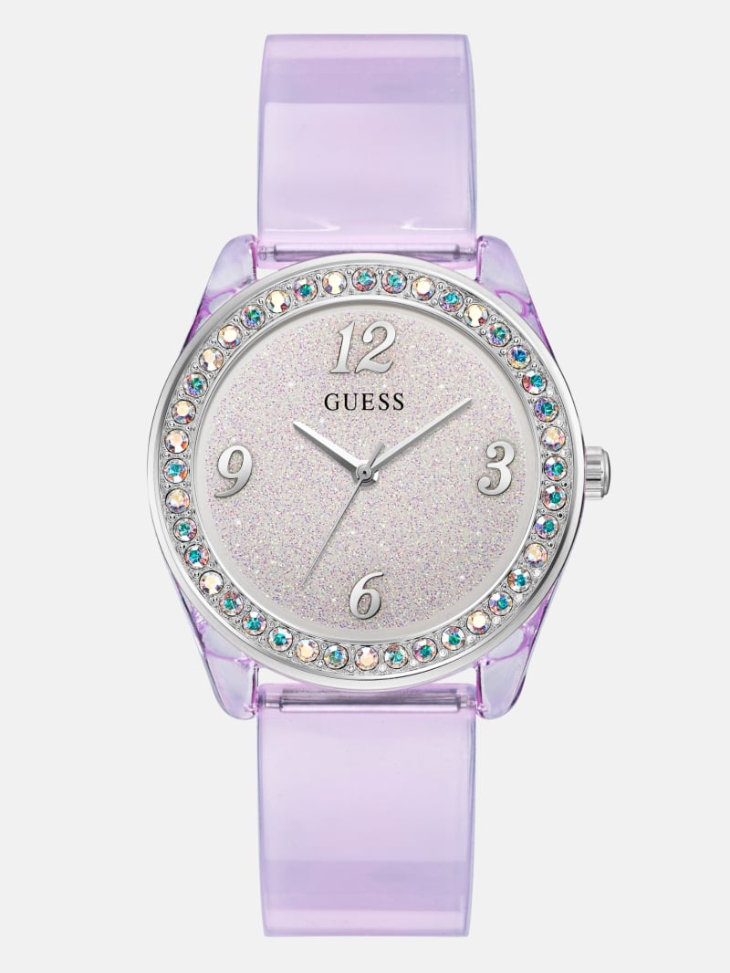 Women's Guess Silver-Tone Crystal and Purple Silicone Analog Watch