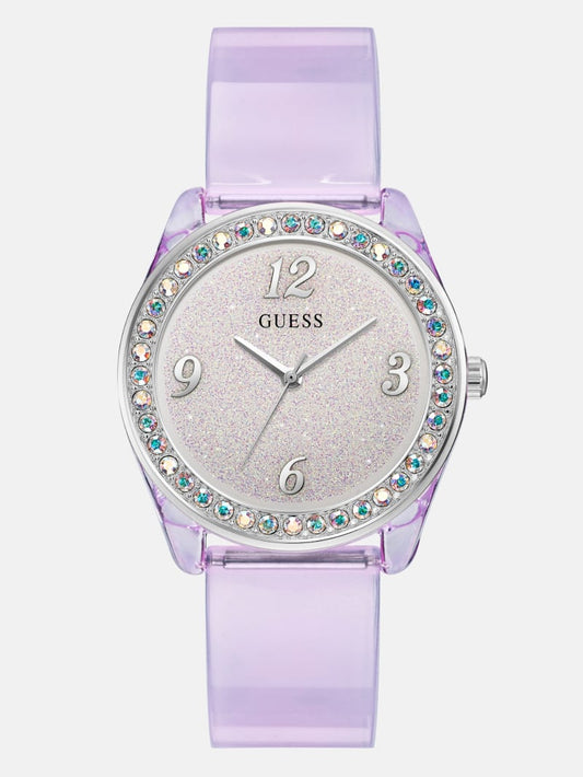 Women's Guess Silver-Tone Crystal and Purple Silicone Analog Watch