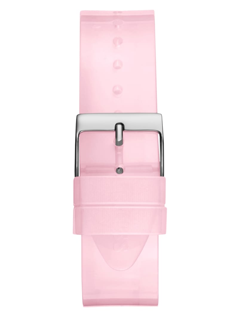 Women's Guess Silver-Tone Crystal and Pink Silicone Analog Watch