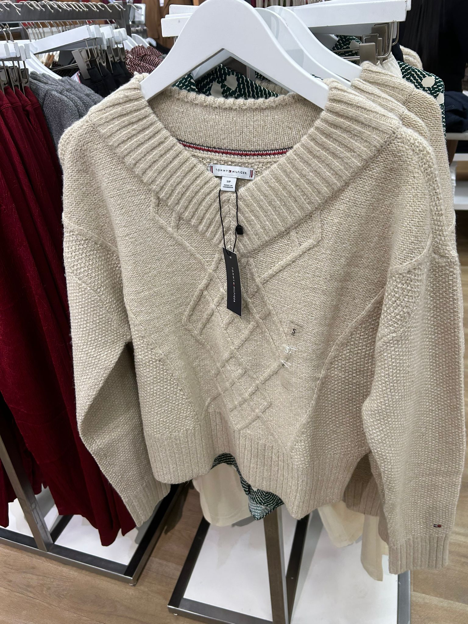 Womens' Tommy Cable Knit Shimmer V-Neck Sweater Beige