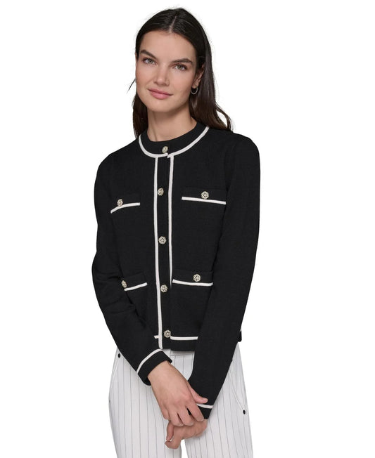 WOMENS' KARL LAGERFELD PARIS Knit Crew Neck Long Sleeve Embellished Button-Front Cardigan