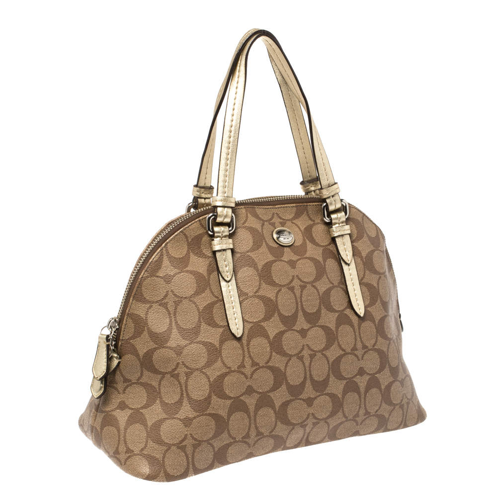 Coach Women Beige/Gold Signature Coated Canvas and Leather Peyton Dome Satchel