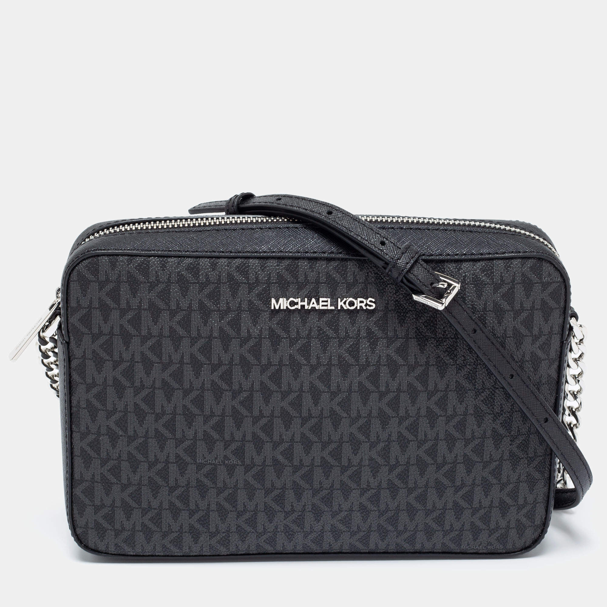 Womens' Michael Kors Black/Grey Signature Coated Canvas and Leather Jet Set Crossbody Bag