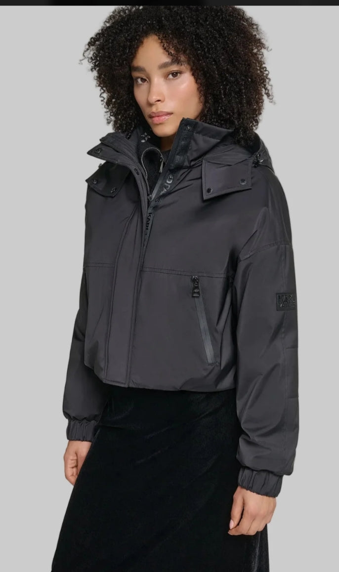 Karl CROPPED HOODED Women BOMBER - Black