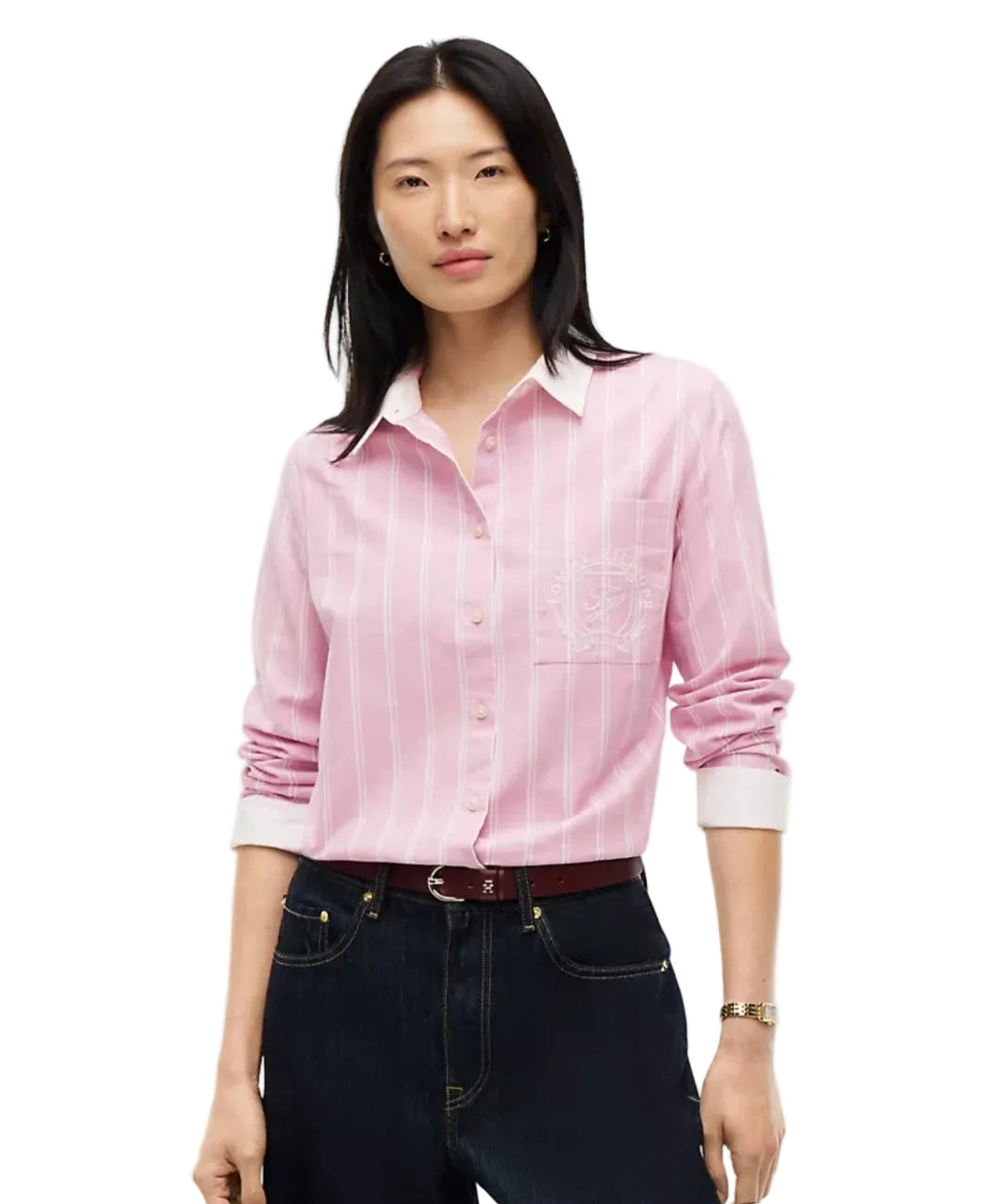 Embroidered Crest Striped Oxford Women Shirt- Mystic Pink