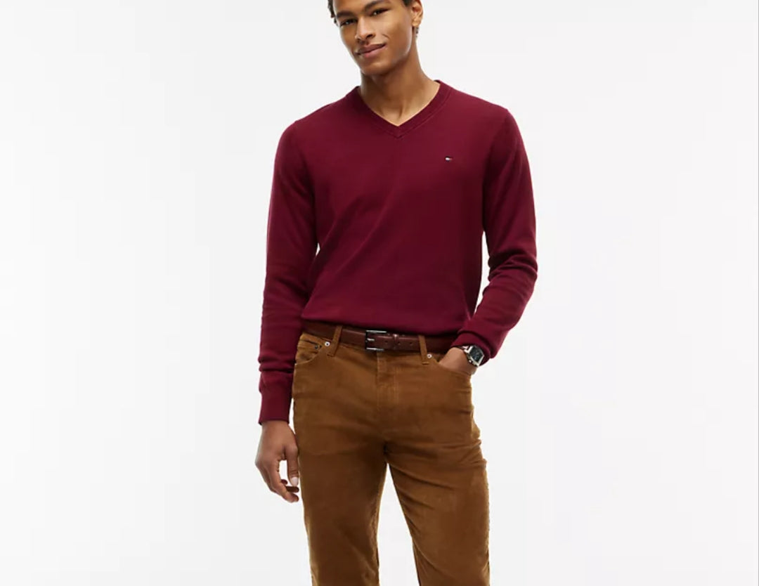 Tommy Solid Logo V-Neck Men Sweater- Burgundy
