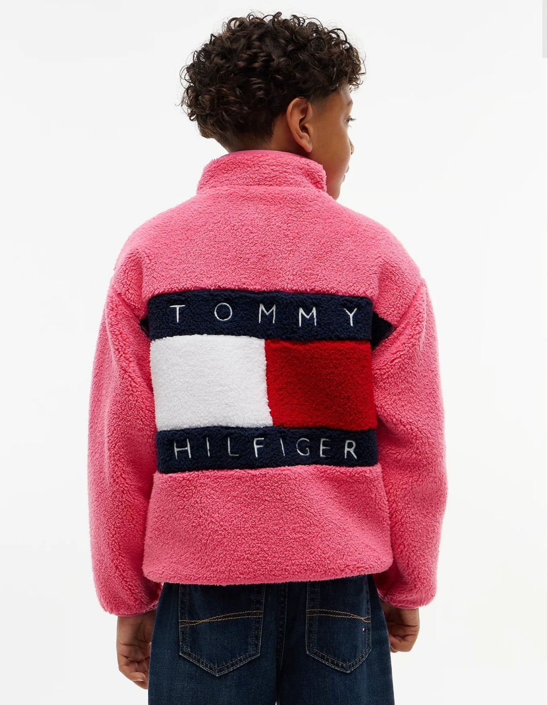 Tommy Back Flag Relaxed Zip-Thru Fleece Boys and Girls Sweatshirt - Exotic Pink