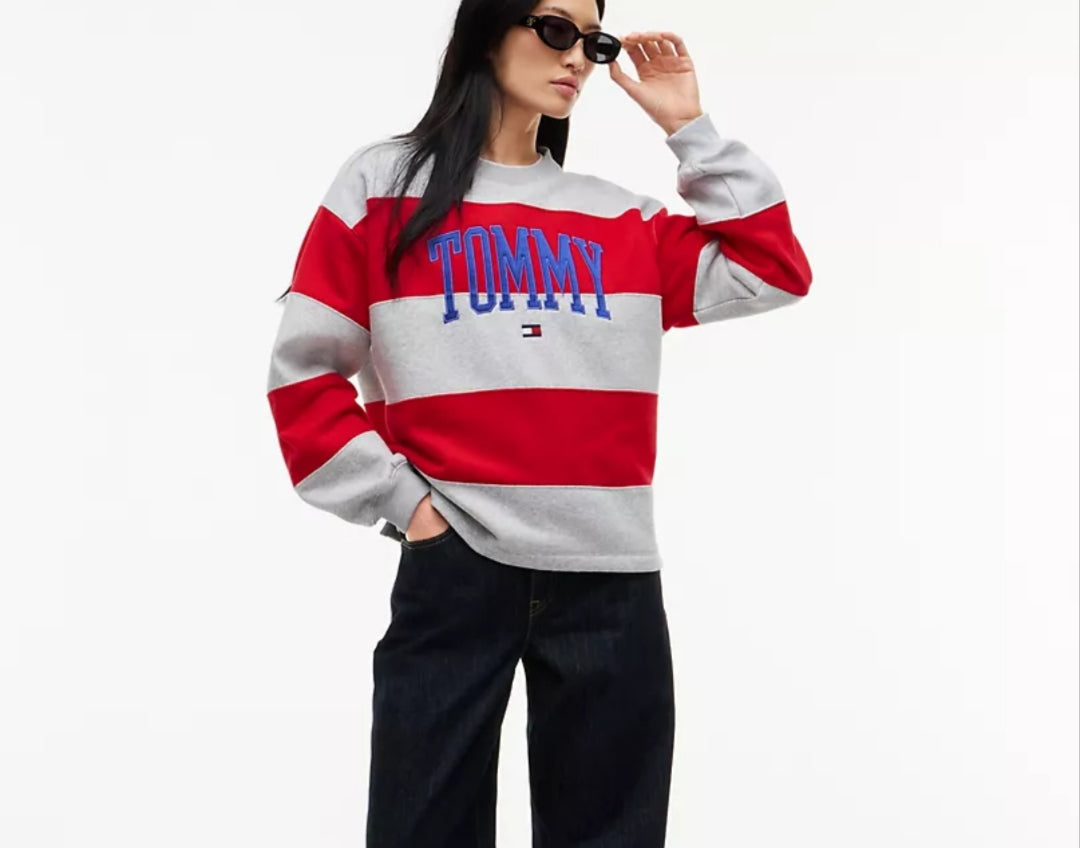 Tommy Varsity Logo Rugby Stripe Women Sweatshirt -Grey Heather