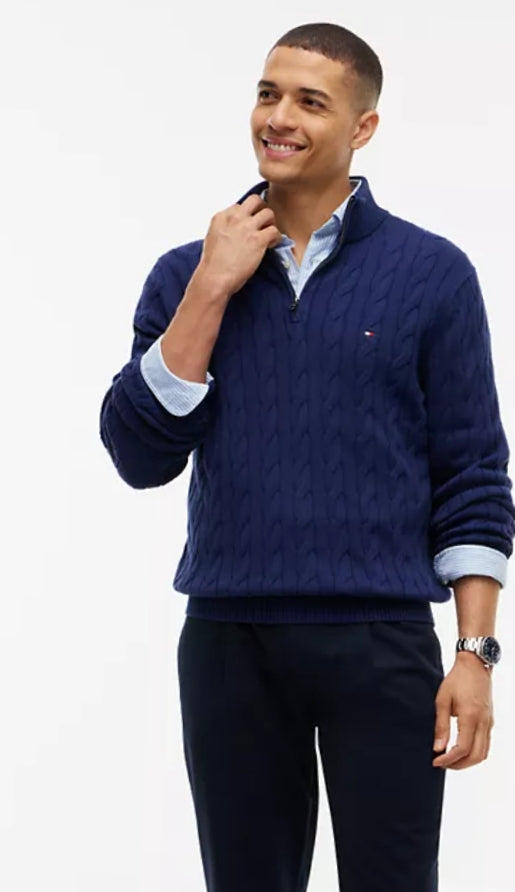 Cable Knit Men’s Quarter-Zip Sweater-Preppy Navy