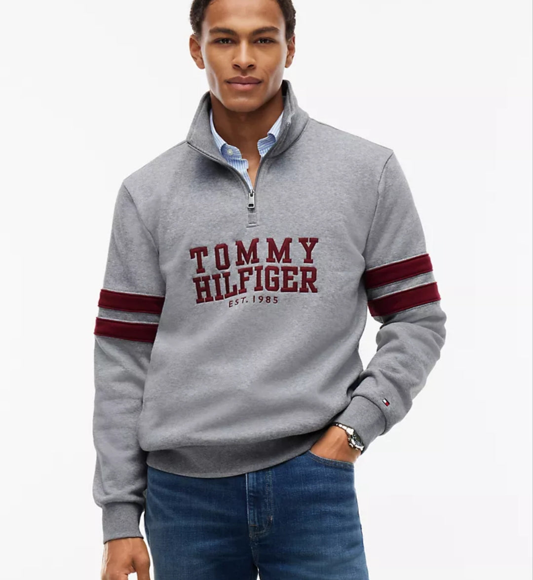 Tommy Varsity Stripe Quarter-Zip Men Sweatshirt - Grey