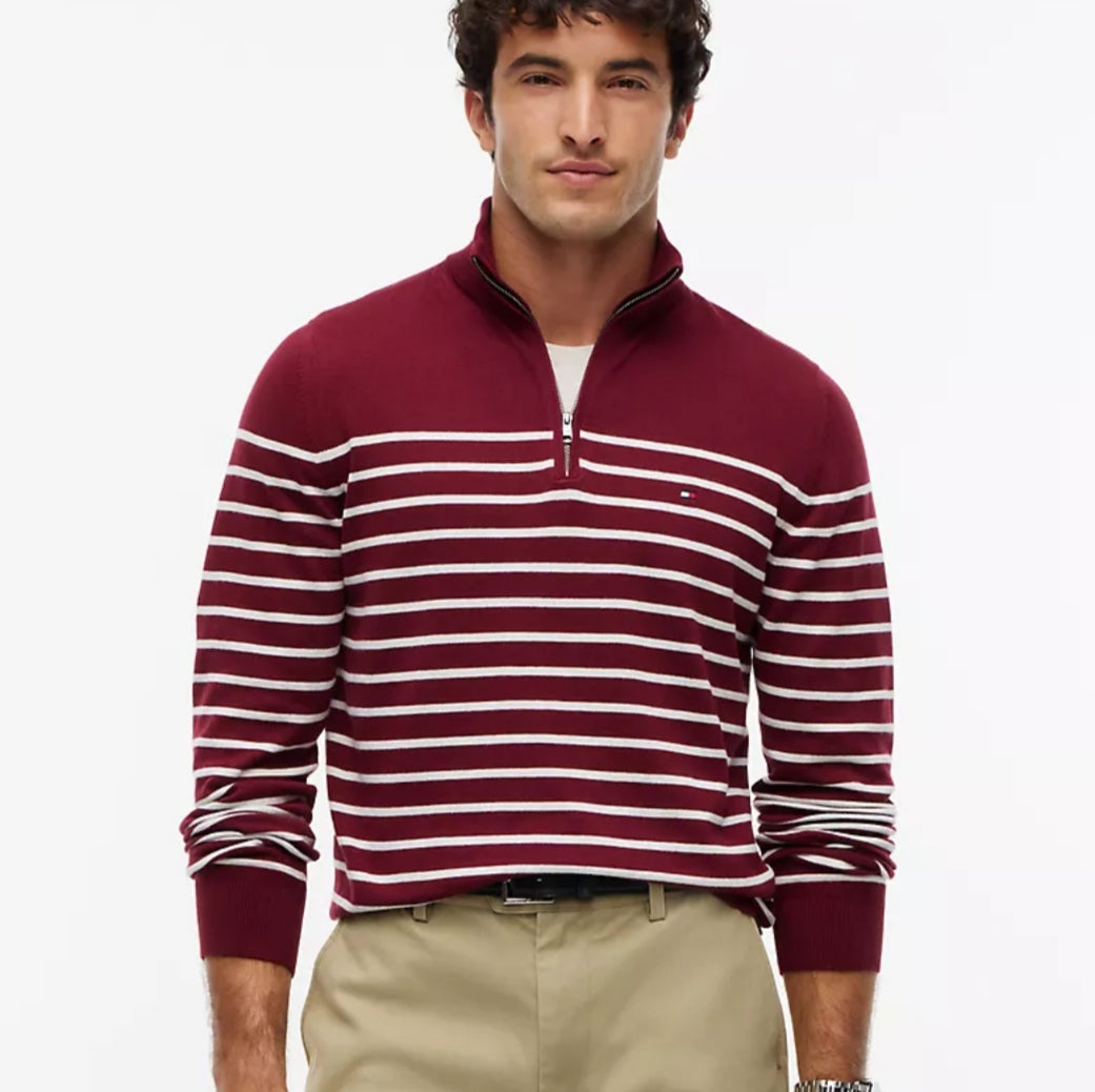 Striped Quarter- Men Zip Sweater-Burgundy / White Stripe