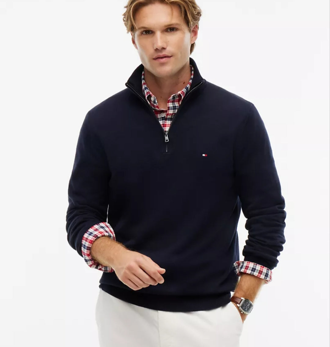 Striped Quarter- Men Zip Sweater-Navy