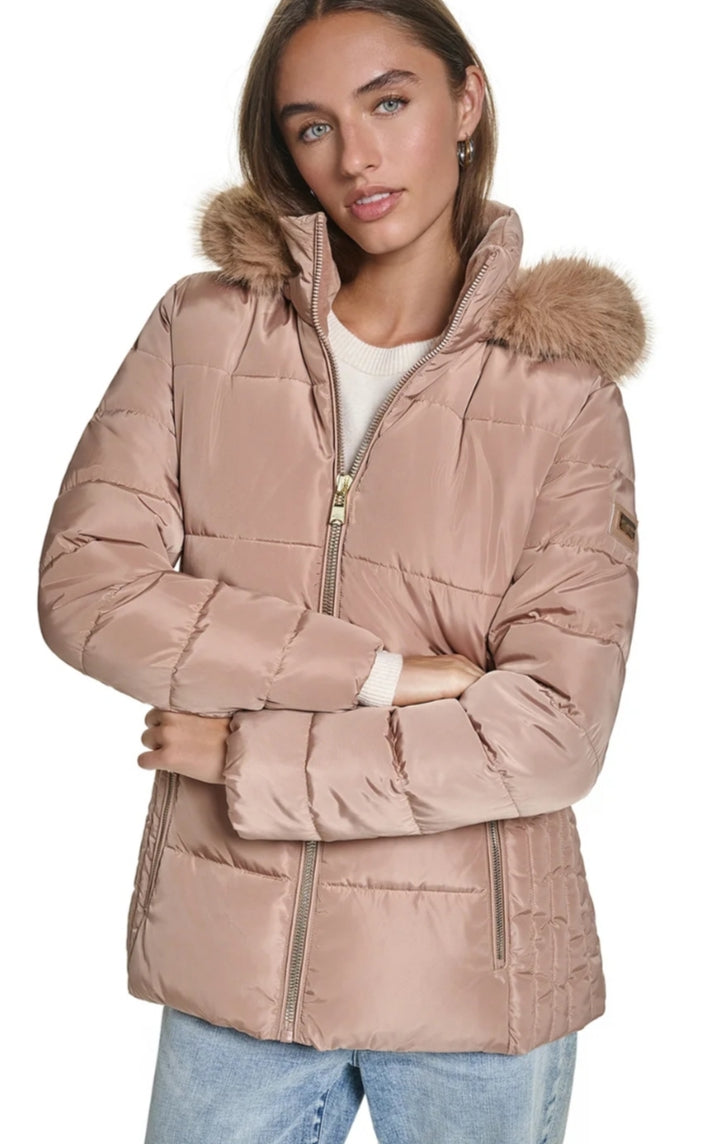 Karl FAUX FUR TRIM HOODED SHORT Women  PUFFER-Camel