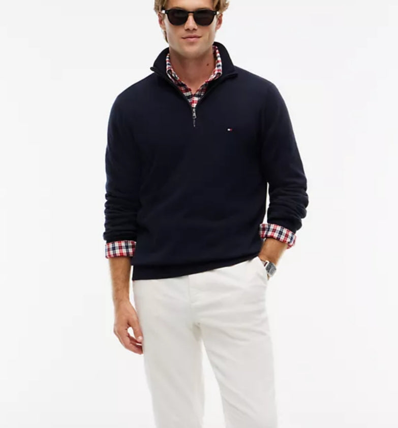 Striped Quarter- Men Zip Sweater-Navy