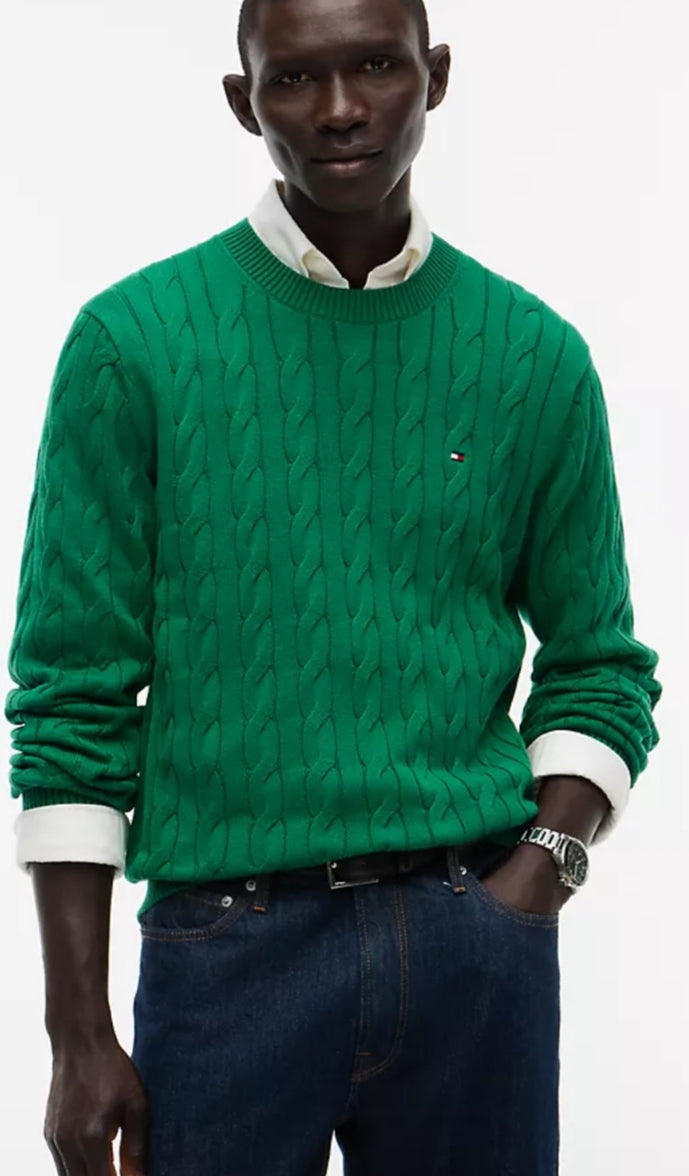 Cable Knit Crewneck  Men Sweater-Nouveau Green
