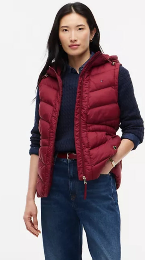 Tommy Lightweight Quilted Hooded Women  Vest - Burgundy