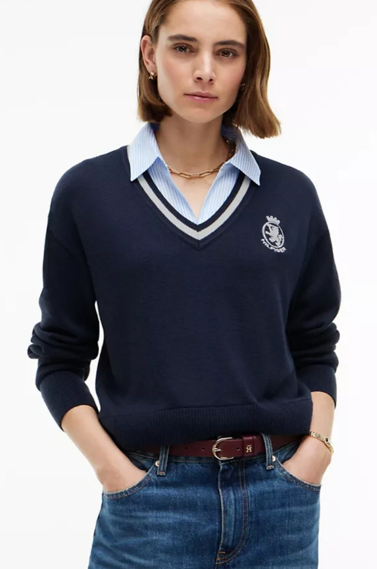 Tommy Layered-Look Crest Logo Women Sweater - Navy Blue