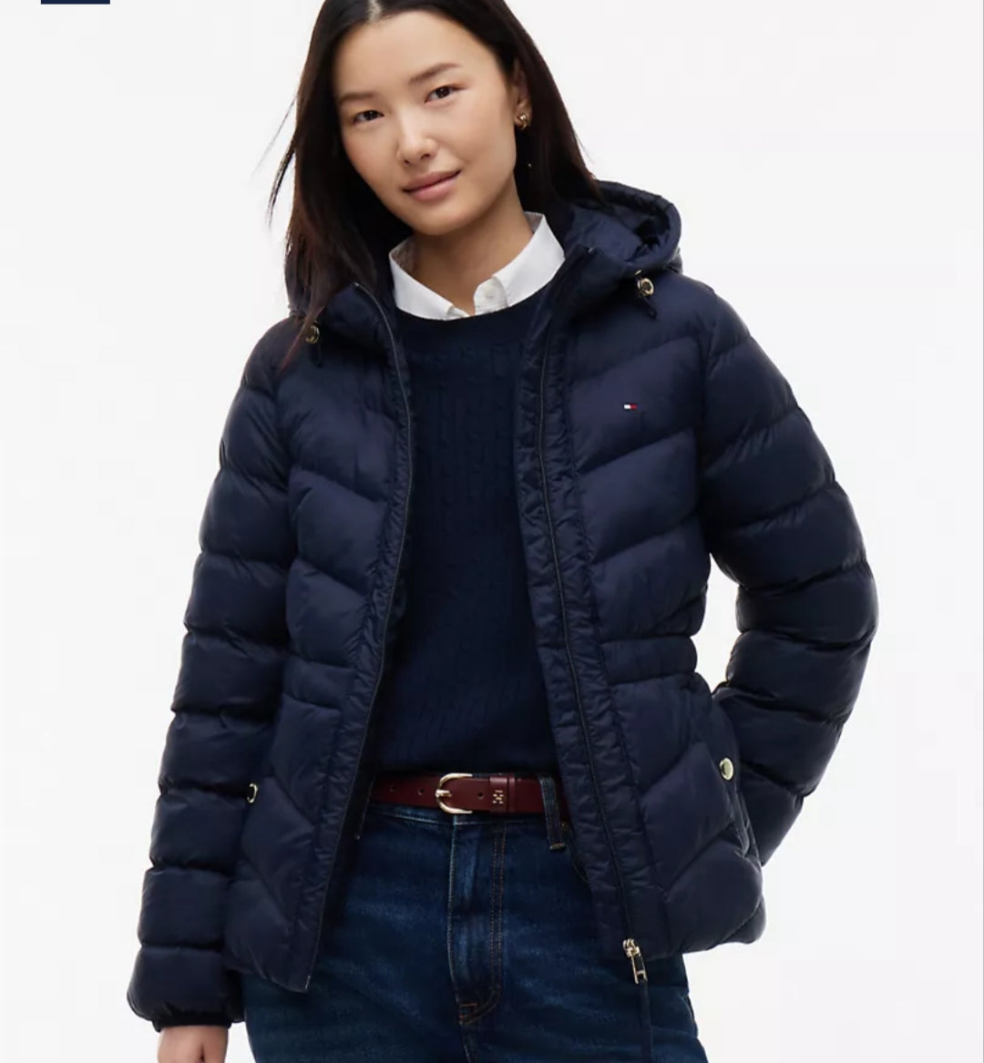 Lightweight Quilted Hooded  Women Jacket - Navy Blue