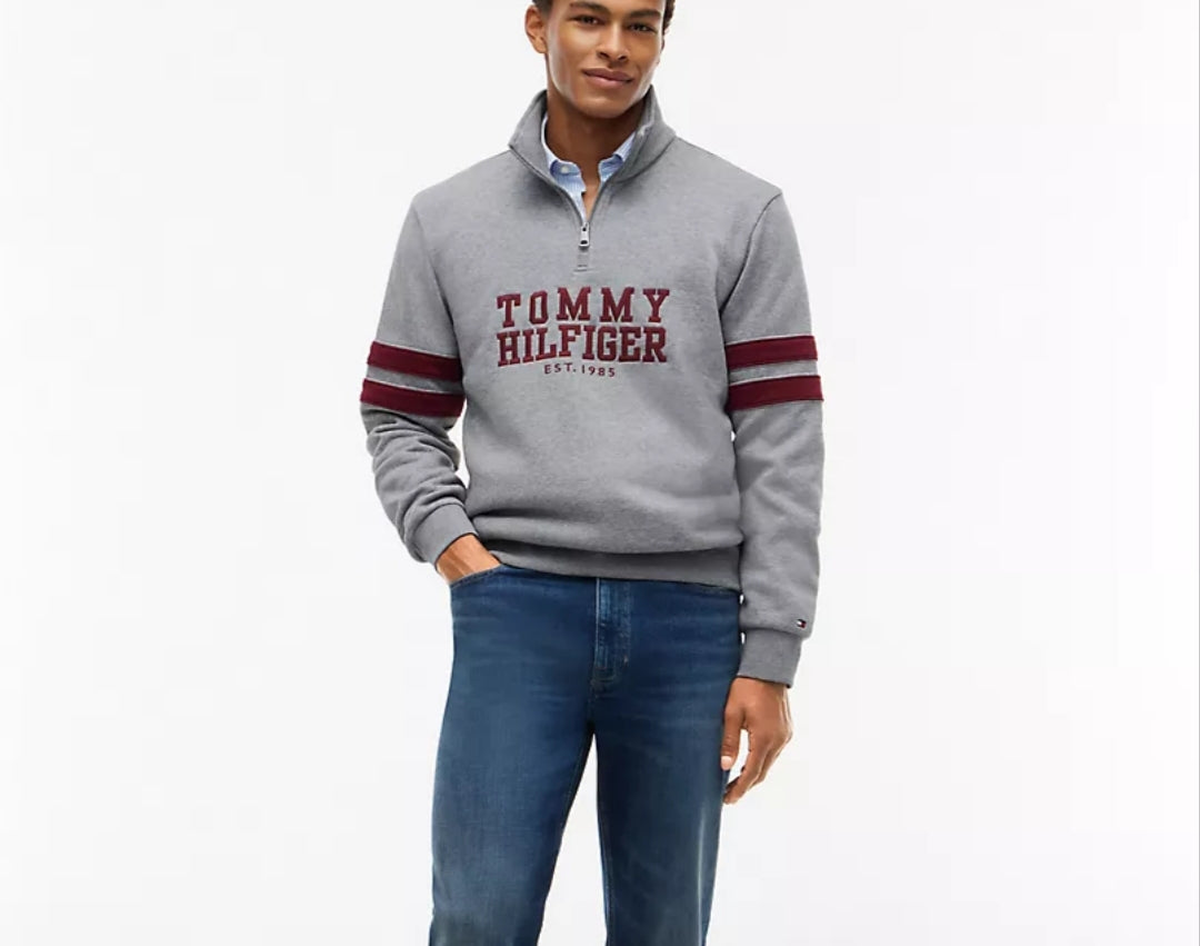 Tommy Varsity Stripe Quarter-Zip Men Sweatshirt - Grey