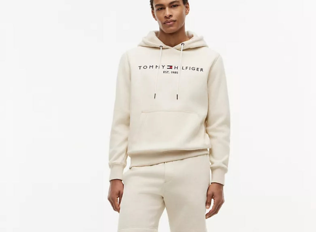 Embroidered Tommy Logo Men Hoodie-Beige
