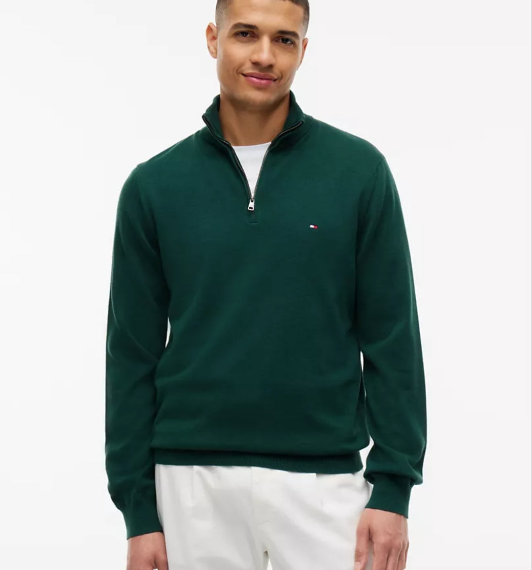 Striped Quarter- Men Zip Sweater-Ornamental Green