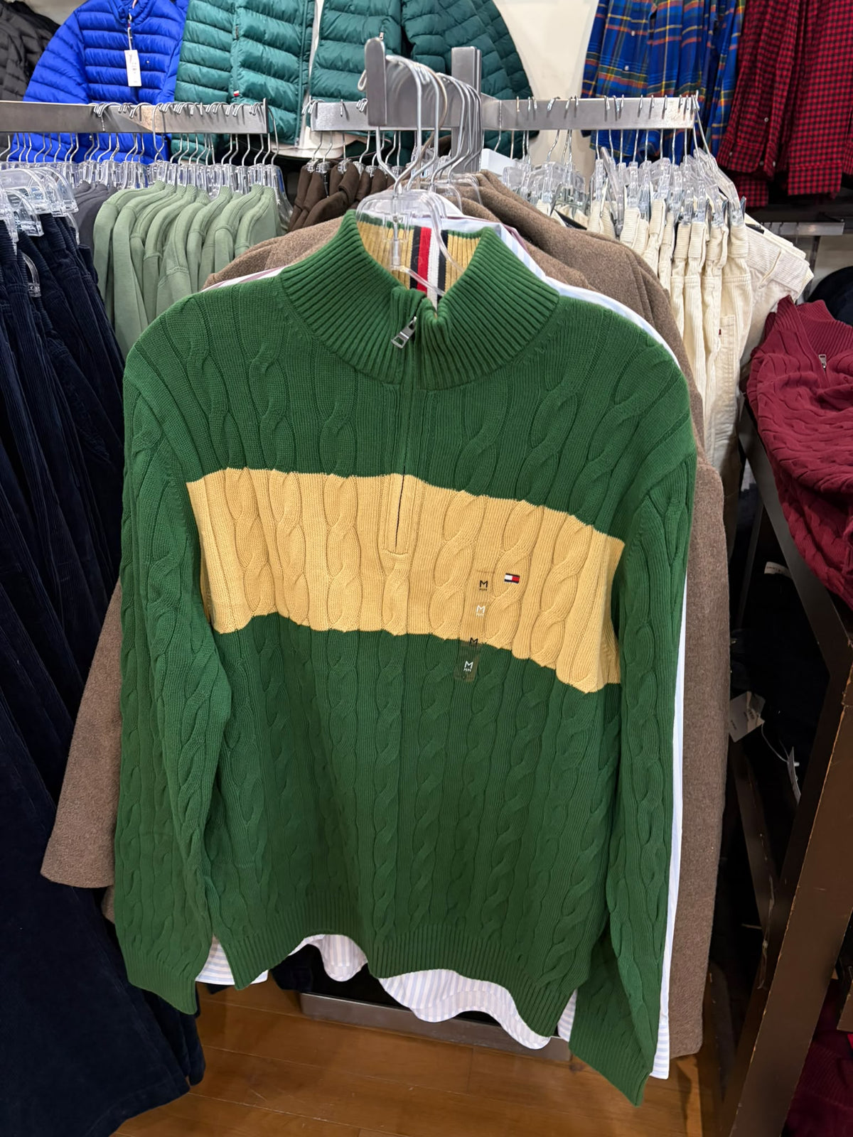 Cable Knit Striped Quarter-Zip Men Sweater - Deep Evergreen