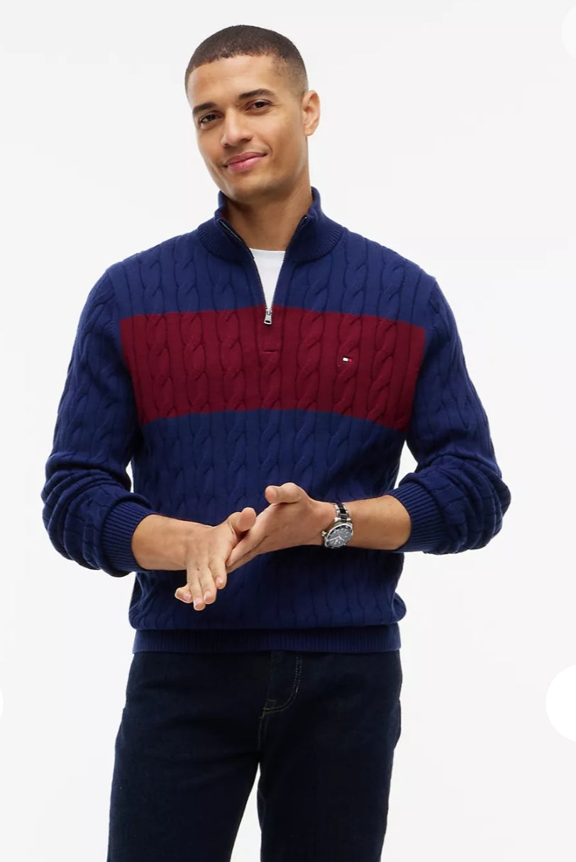 Cable Knit Striped Quarter-Zip Men Sweater - Preppy Navy