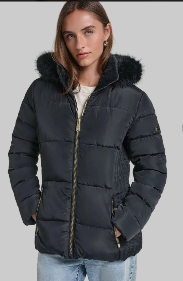 Karl FAUX FUR TRIM HOODED SHORT Women  PUFFER-Black