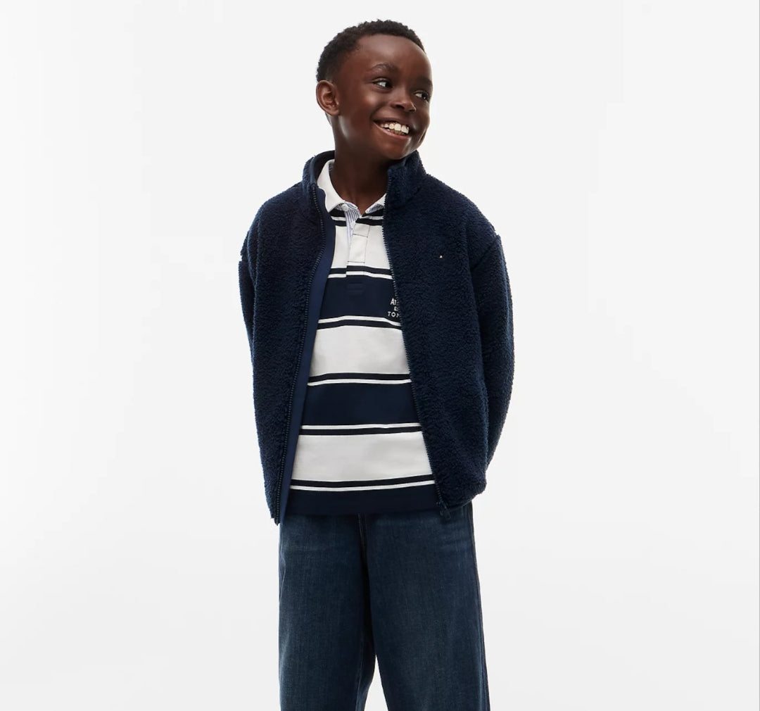 Tommy Back Flag Relaxed Zip-Thru Fleece Boys and Girls Sweatshirt - Dark Blue