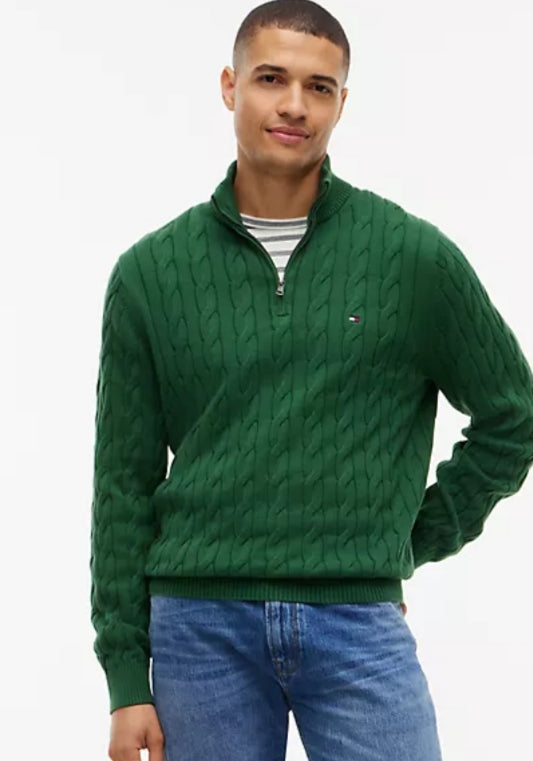 Cable Knit Men’s Quarter-Zip Sweater-Deep Evergreen