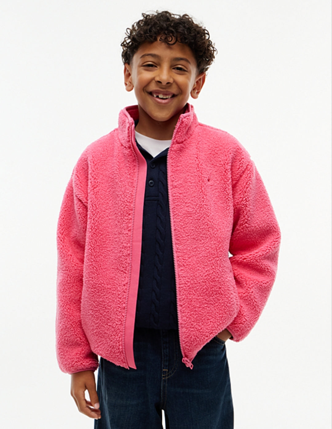 Tommy Back Flag Relaxed Zip-Thru Fleece Boys and Girls Sweatshirt - Exotic Pink