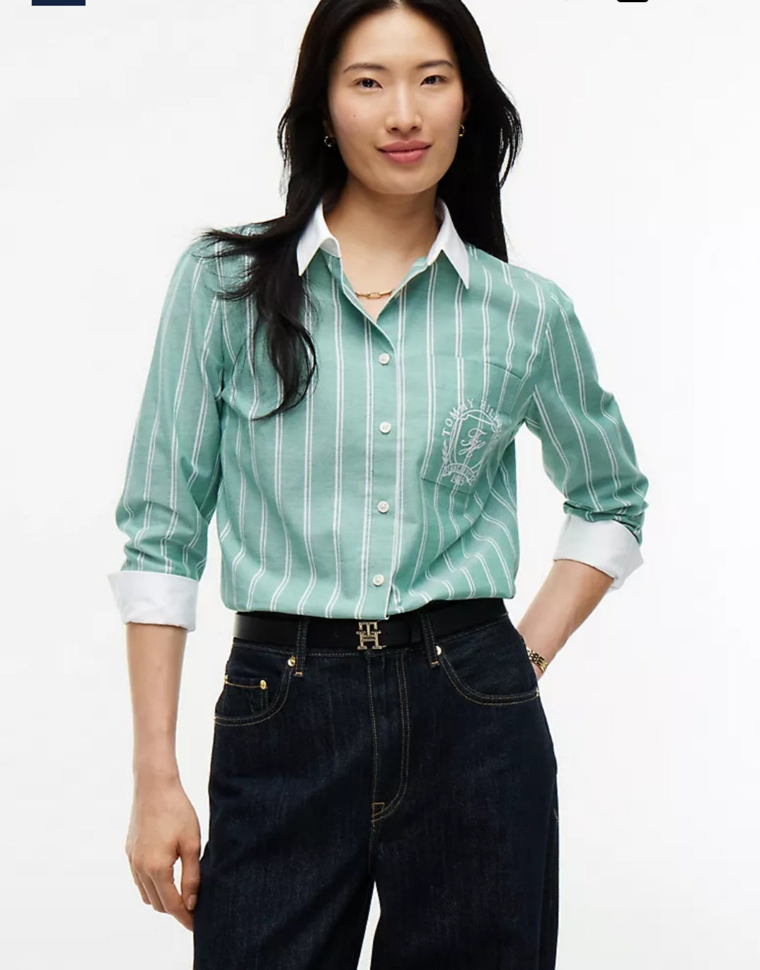 Embroidered Crest Striped Oxford Women Shirt- Nouveau Green