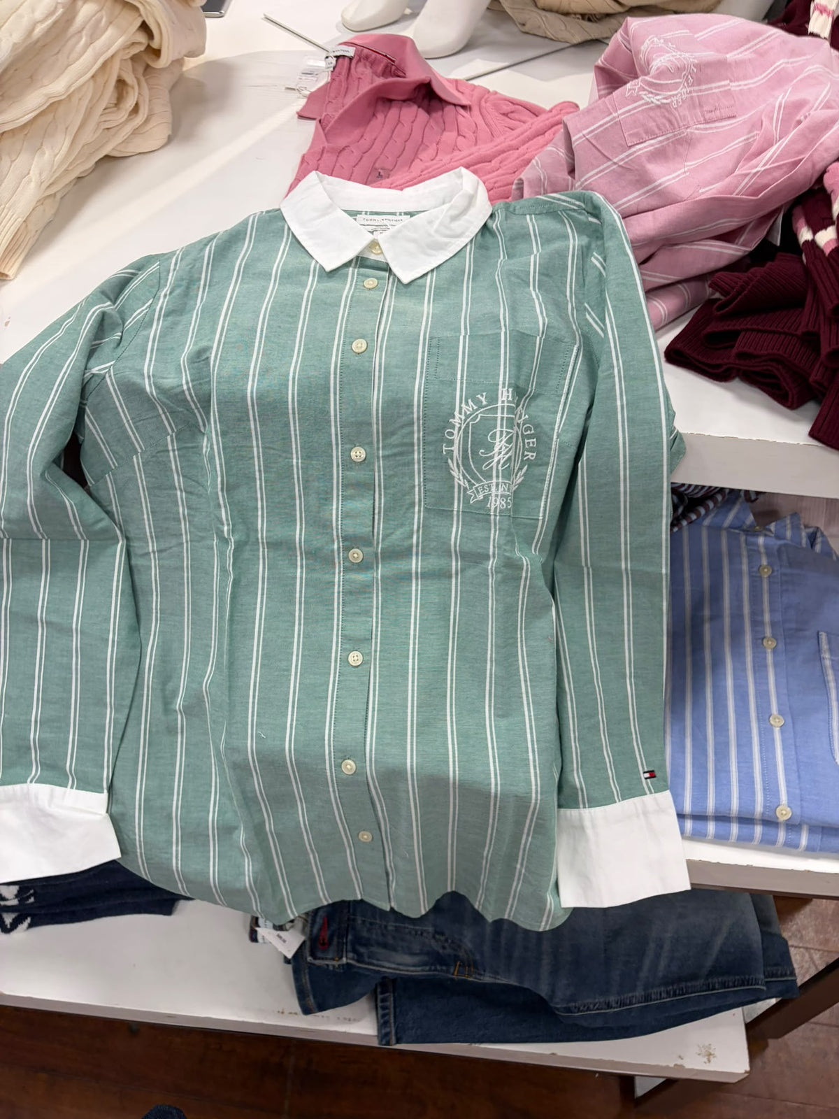 Embroidered Crest Striped Oxford Women Shirt- Nouveau Green