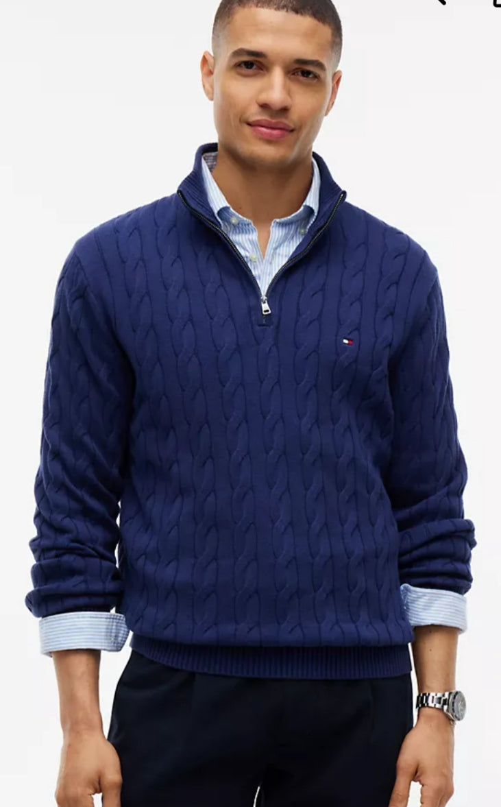 Cable Knit Men’s Quarter-Zip Sweater-Preppy Navy