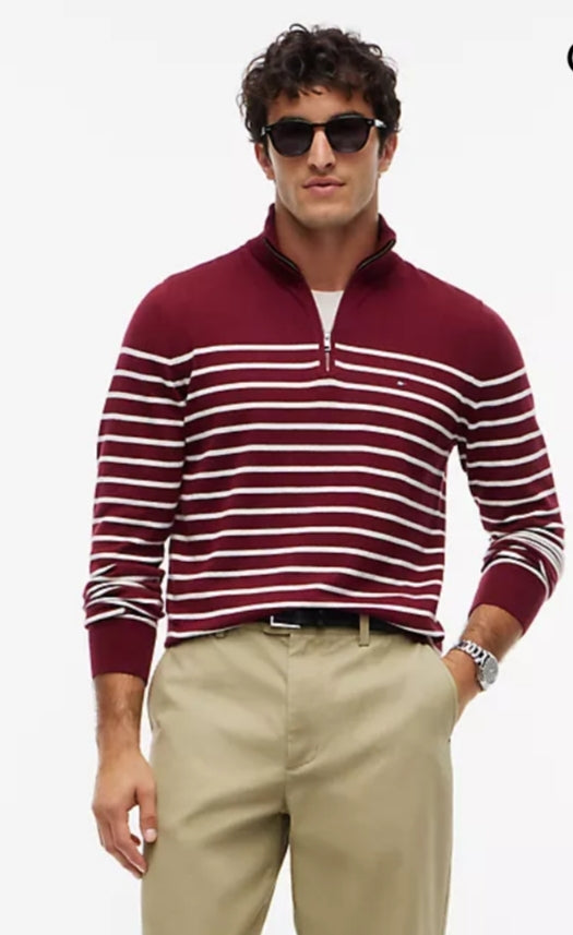 Striped Quarter- Men Zip Sweater-Burgundy / White Stripe