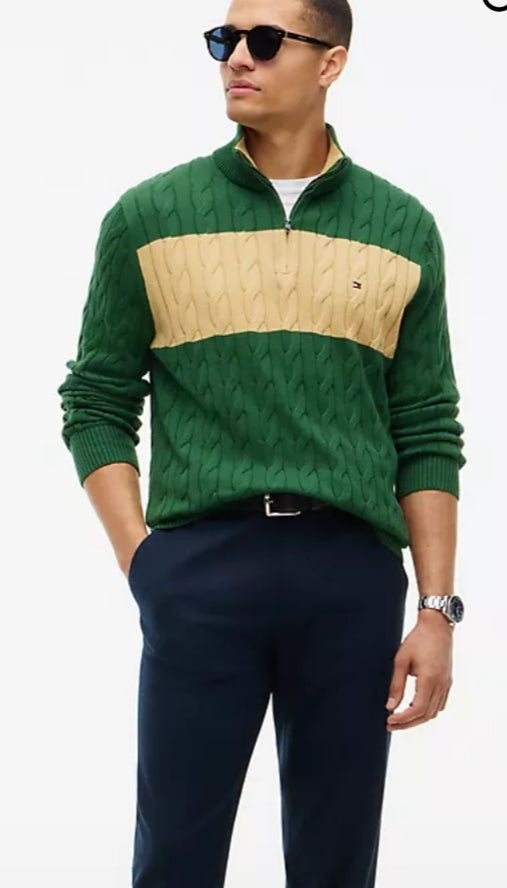 Cable Knit Striped Quarter-Zip Men Sweater - Deep Evergreen