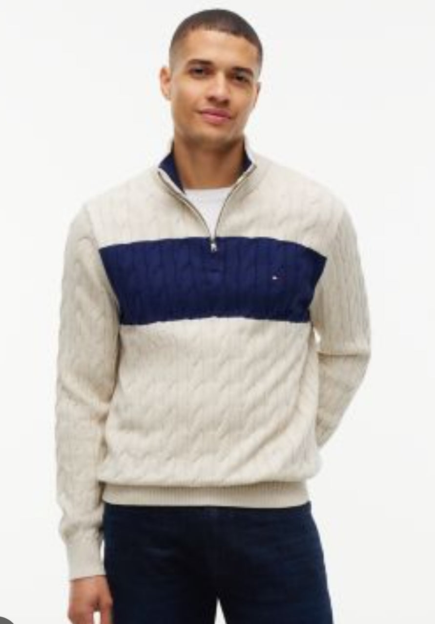Cable Knit Striped Quarter-Zip Men Sweater - Beige