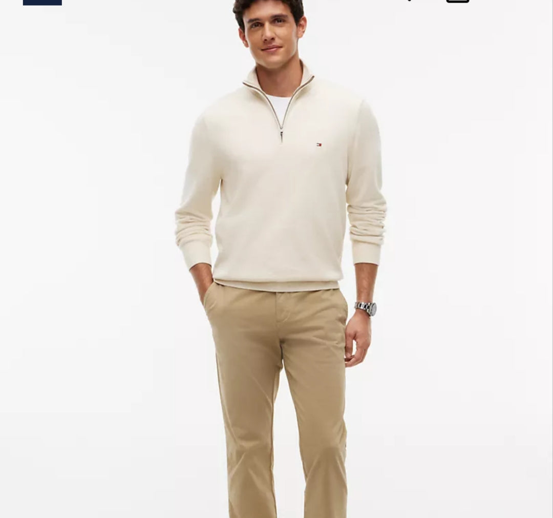 Striped Quarter- Men Zip Sweater-Beige