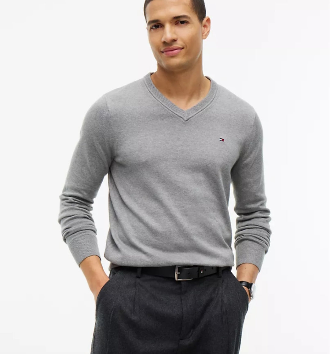 Tommy Solid Logo V-Neck Men Sweater- Grey Heather