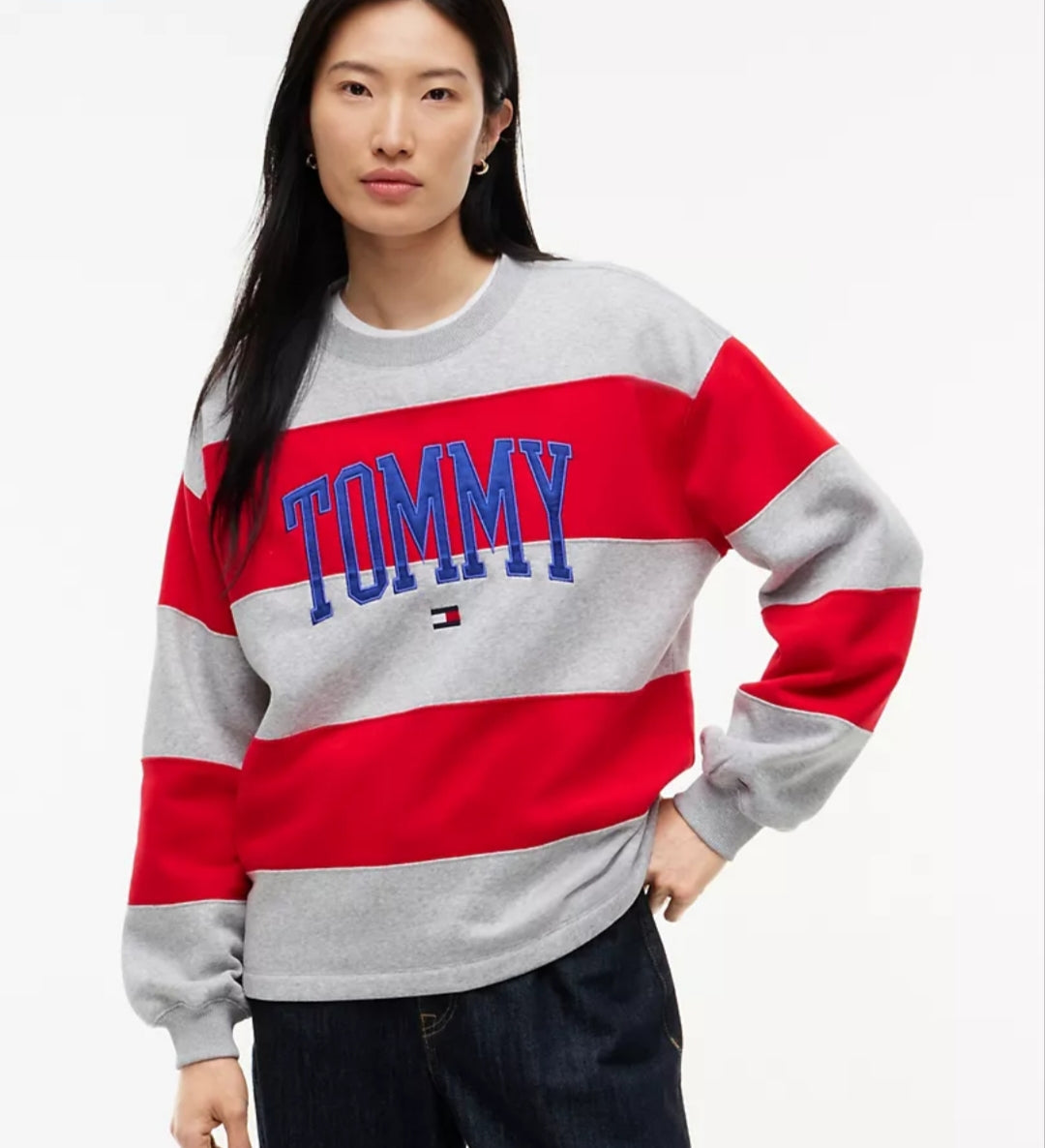Tommy Varsity Logo Rugby Stripe Women Sweatshirt -Grey Heather