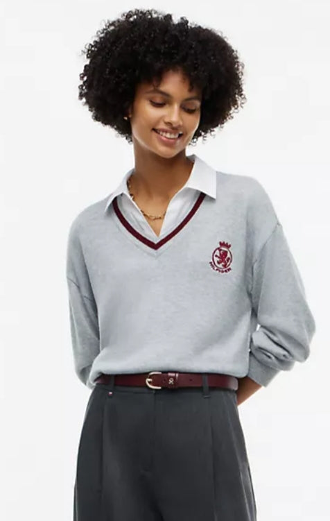 Tommy Layered-Look Crest Logo Women Sweater - Grey Heather
